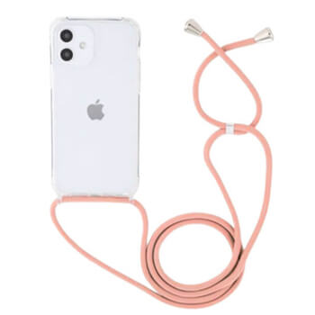 Průhledný silikonový ochranný kryt se šňůrkou na krk pro Apple iPhone 15 Plus - růžová